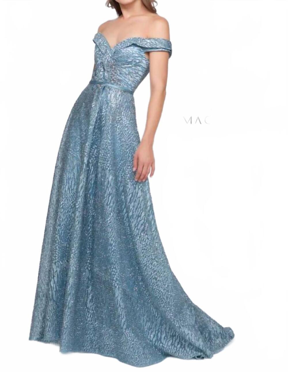 NEW MAC DUGGAL off-the-shoulder french gown in blue